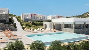 Seasonal outdoor pool, pool umbrellas, pool loungers