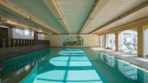 Indoor pool, outdoor pool, pool umbrellas, sun loungers