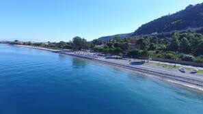Beach nearby, sun loungers, beach umbrellas, beach bar