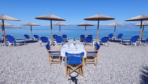 Beach nearby, sun loungers, beach umbrellas, beach bar
