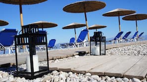Beach nearby, sun loungers, beach umbrellas, beach bar