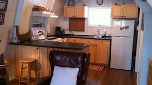 Fridge, microwave, hob, cookware/dishes/utensils