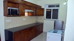 Fridge, microwave, hob, electric kettle
