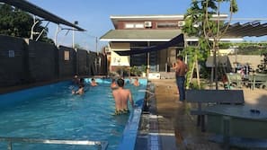 Seasonal outdoor pool, sun loungers