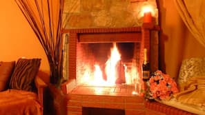 LCD TV, fireplace, DVD player