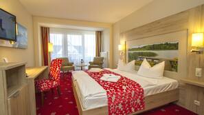 Hypo-allergenic bedding, desk, blackout drapes, soundproofing