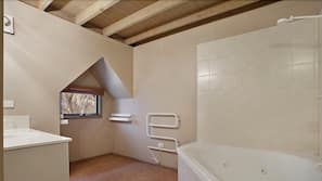 Separate tub and shower, free toiletries, hair dryer, towels