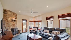 40-inch flat-screen TV with satellite channels, TV, fireplace