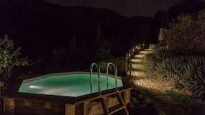 Seasonal outdoor pool, pool umbrellas, pool loungers