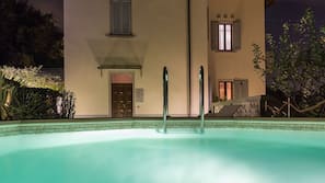 Seasonal outdoor pool, pool umbrellas, pool loungers