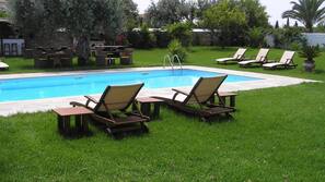 Outdoor pool, pool umbrellas, pool loungers