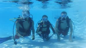Piscina interna, funciona das 9h00 às 21h, espreguiçadeiras