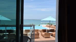 Outdoor pool, pool umbrellas, pool loungers