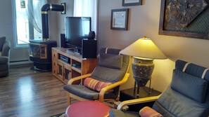 TV, fireplace, DVD player, toys
