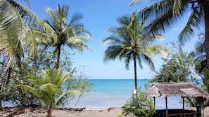 Private beach, sun loungers, beach towels, snorkeling