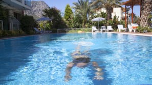 Outdoor pool, pool umbrellas, sun loungers