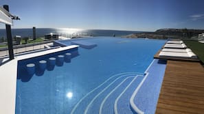 Outdoor pool, pool umbrellas, pool loungers