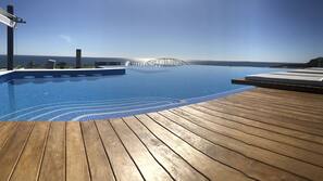 Outdoor pool, pool umbrellas, pool loungers
