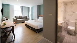 In-room safe, desk, laptop workspace, blackout curtains