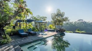 Outdoor pool, pool umbrellas, pool loungers