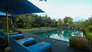 Outdoor pool, pool umbrellas, pool loungers