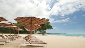 On the beach, sun-loungers, beach umbrellas, beach volleyball