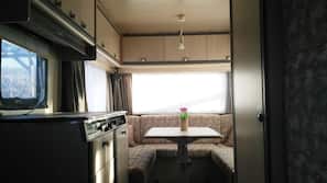 Fridge, coffee/tea maker, cookware/dishes/utensils