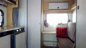 Fridge, coffee/tea maker, cookware/dishes/utensils
