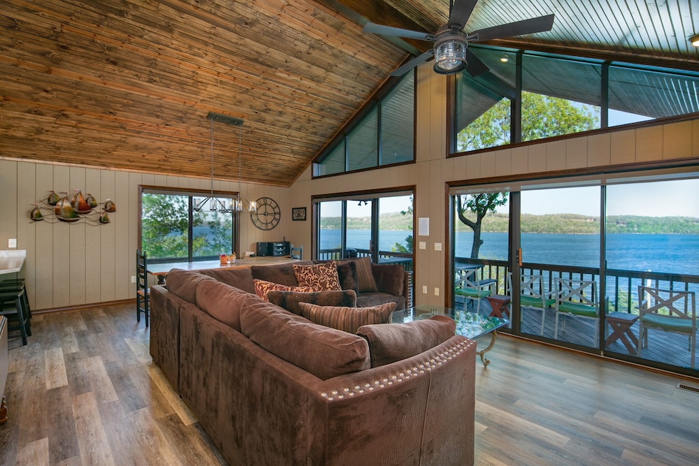 Living room, Spectacular 180° Views from Lakefront Beaver Point Lodge on Stunning Beaver Lake