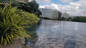 Outdoor pool, pool umbrellas, pool loungers