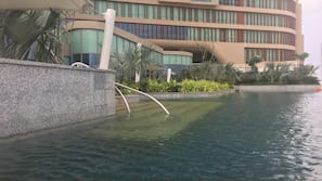 Outdoor pool, pool umbrellas, pool loungers