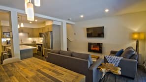 TV, fireplace, books