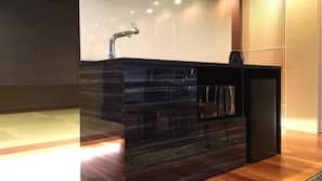 Fridge, microwave, hob, electric kettle