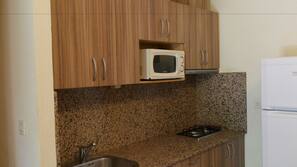 Full-sized fridge, microwave, hob, cookware/dishes/utensils