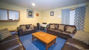 TV, DVD player, table football, ping pong table