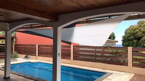 Outdoor pool, pool umbrellas, pool loungers
