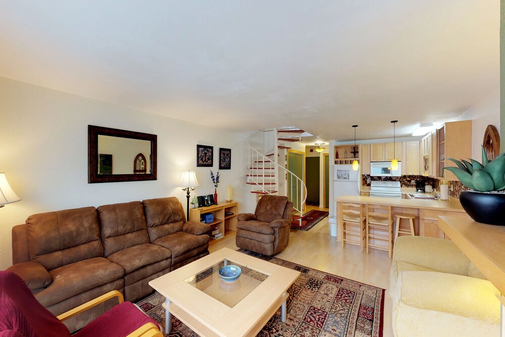 Living room, Renovated, dog-friendly condo w/ WiFi, mountain views - walk to lift