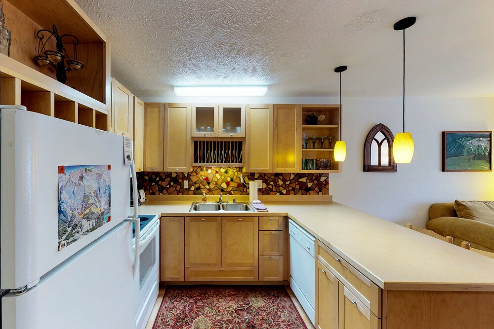 Private kitchen, Renovated, dog-friendly condo w/ WiFi, mountain views - walk to lift