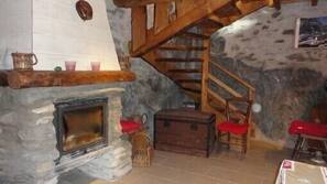 TV, fireplace, toys, books