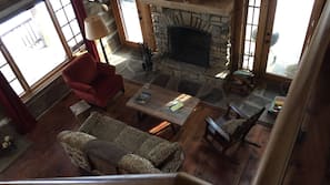 TV, fireplace, toys, books