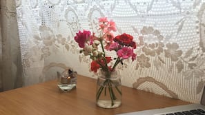 2 bedrooms, desk, blackout curtains, iron/ironing board