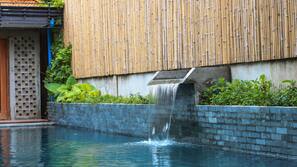 Outdoor pool, pool umbrellas, pool loungers