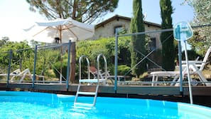 Seasonal outdoor pool, pool umbrellas, pool loungers