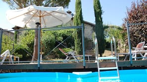 Seasonal outdoor pool, pool umbrellas, pool loungers