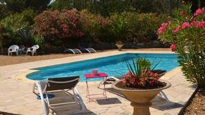 Piscine extérieure, chaises longues