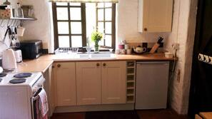 Fridge, microwave, oven, cookware/dishes/utensils