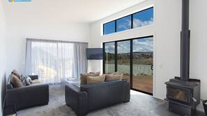 Flat-screen TV, fireplace