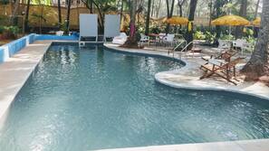 Seasonal outdoor pool, pool loungers