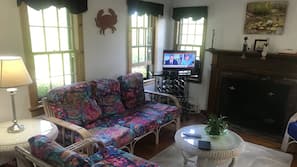 TV, fireplace, DVD player, toys