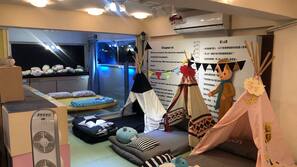 Individually decorated, desk, laptop workspace, blackout drapes